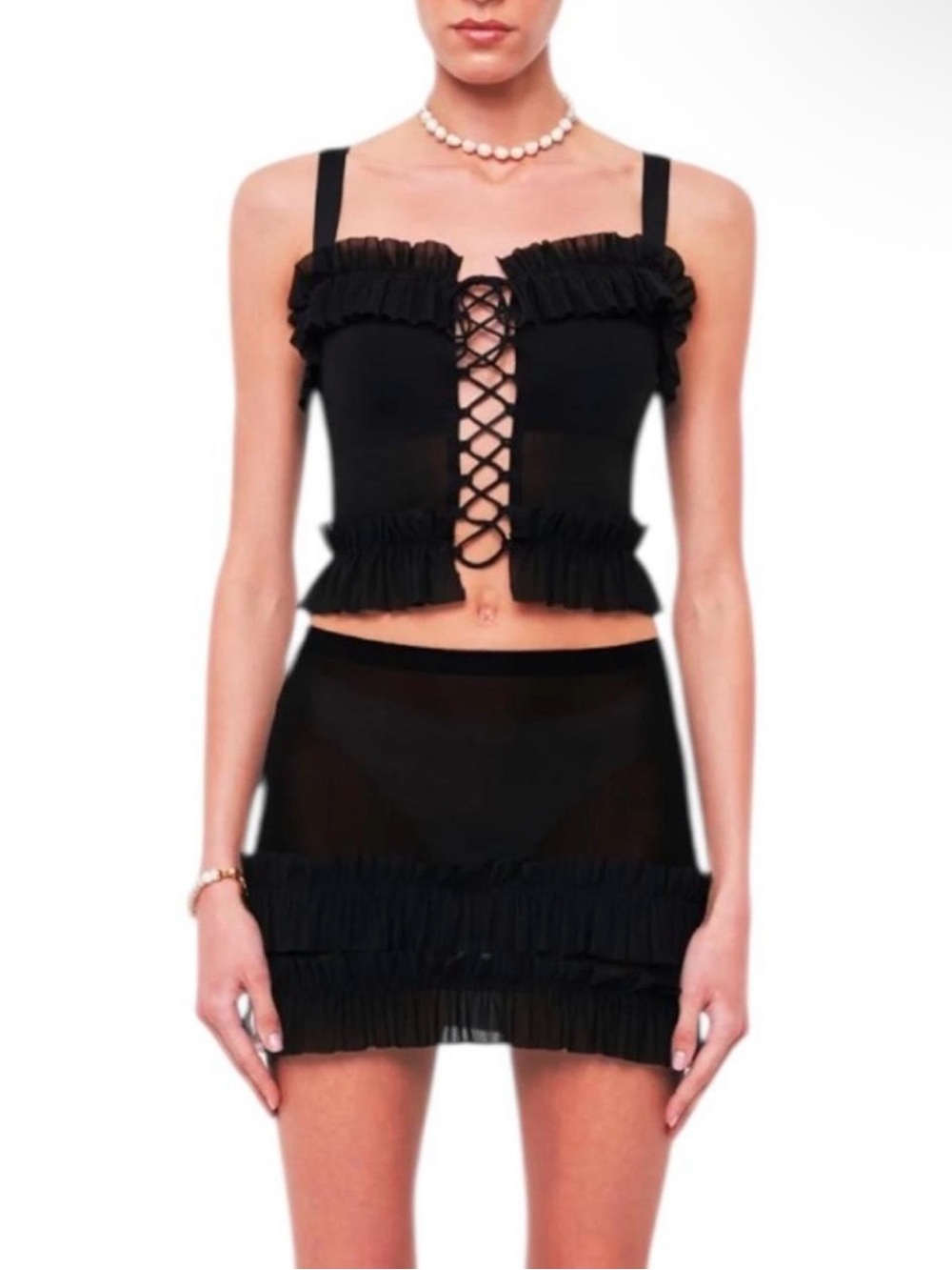 OW COLLECTION Claire Black Mesh Lace Up Ruffle Skirt Set New With Tags